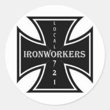 IRONWORKERS IRONCROSS, LOCAL, 721 ROUND STICKERS