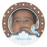 It’s a boy baby birth polkadot photo announcement round sticker
