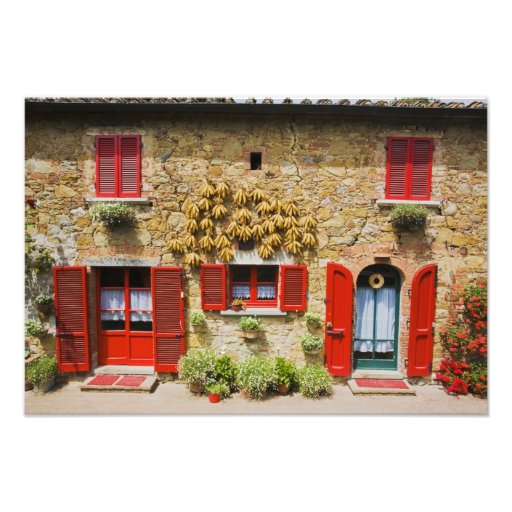 Italy, Lucignano, Red Shutters and Harvest Photographic Print