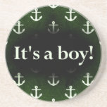 It's a Boy! Anchor Pattern Dark Green Beverage Coasters