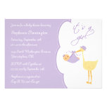 It's a girl purple stork baby shower invitation