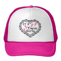 Its Twin Girls Pink Footprints Hearts Hats