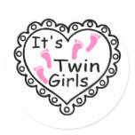Its Twin Girls Pink Footprints Hearts Round Stickers