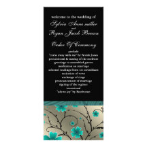 ivory aqua and black floral Wedding program Full Color Rack Card