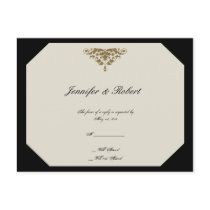 Ivory Black and Gold Damask Wedding RSVP Postcard