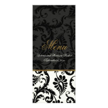 Ivory, Gold, Black Damask Linen Wedding Menu Card Personalized Invites