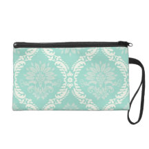 ivory greens damask pattern wristlet