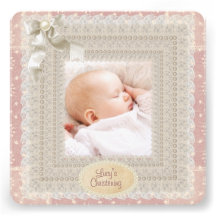Ivory Lace Pink Pearl Girls Pink Photo Christening Custom Announcements