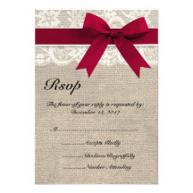 Ivory Lace Red Ribbon and Burlap Wedding RSVP Card Invites
