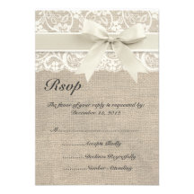 Ivory Lace Ribbon and Burlap Wedding RSVP Card Personalized Announcements
