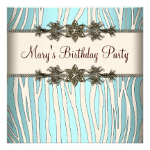 Ivory Teal Blue Zebra Womans Birthday Party Announcements