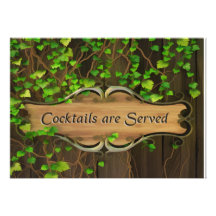 Ivy Covered Fence & Carved Wood Plaque Cocktails Personalized Announcements