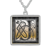 J Initial Monogram "Celtic Black Stone" Necklaces