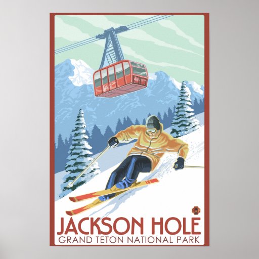 Jackson Hole, skieur du Wyoming et tram Affiche