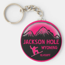Jackson Hole Wyoming pink snowboard art keychain