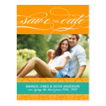 Jade and Orange Damask Save the Date Postcards