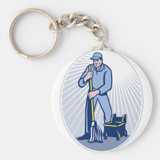 Janitor Cleaner With Mop Cleaning Retro Key Chain