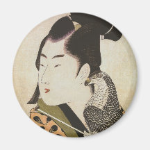 Japanese Falconer in a Kimono Vintage Art Fridge Magnet