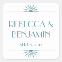 Jazz age blue geometric art deco wedding square sticker