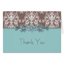 Jewel Teal Blue Brown Damask Thank You Cards