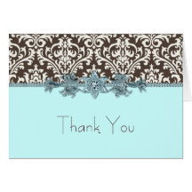 Jewel Teal Blue Brown Damask Thank You Cards