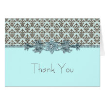 Jewel Teal Blue Brown Damask Thank You Cards