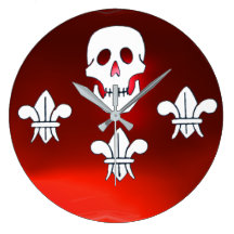 JOLLY ROGER SKULL AND THREE LILIES FLAG, Red Ruby Clock