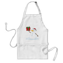 Jolly Snowman Holding A Christmas Present Apron