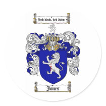 JONES FAMILY CREST -  JONES COAT OF ARMS ROUND STICKERS