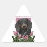 Jour de mères - tulipes roses - teckel - Winston Autocollant En Triangle