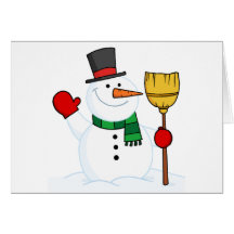 Joyous Snowman Holding A Broom And Waving Greeting Cards