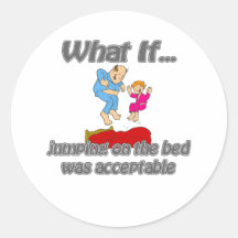 jumping on bed round sticker
