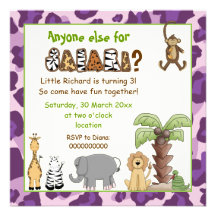 Jungle animals safari kids birthday party personalized invite