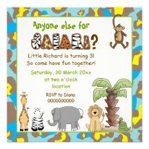 Jungle animals safari kids birthday party personalized announcements