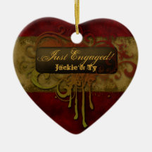 Just Engaged First Christmas Grunge Red Gold Heart Ornament