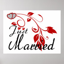 Just Married Joined Hearts Floral Vines Print