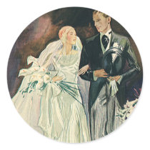 Just Married! Vintage Happy Newlyweds Round Sticker