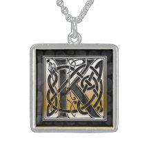 K Initial Monogram "Celtic Black Stone" Necklaces
