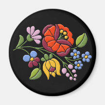 Kalocsa Embroidery - Hungarian Folk Art black bg. Fridge Magnets