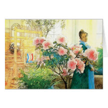 Karin avec les fleurs roses et son métier à tisser cartes de vœux