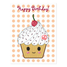 Kawaii Cupcake in Polka Dots "Happy Birthday" Post Cards
