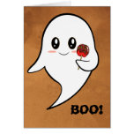 Kawaii ghost holding a candied apple greeting cards