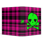 Kawaii Green Skull on Hot Pink Plaid Vinyl Binder