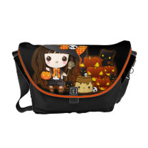 Kawaii halloween girl with pumpkins and black cats courier bag