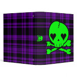 Kawaii Neon Green Skull on Purple Plaid 3 Ring Binders