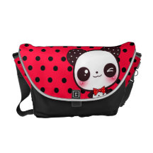 Kawaii panda on black red polka dots commuter bag