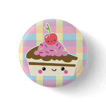 Kawaii Slice of Cake on Colourful Checks Pinback Button