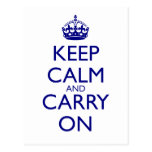 Keep Calm and Carry On Navy Blue Text Postcard