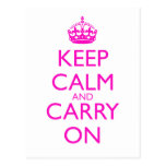 Keep Calm and Carry On Shocking Pink Text Post Cards