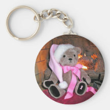 Key chain Teddy Bear Pink Santa Hat & pink ribbon